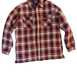 Quilted Burgundy Red Plaid‎ Cotton Flannel Barn Coat Size XL